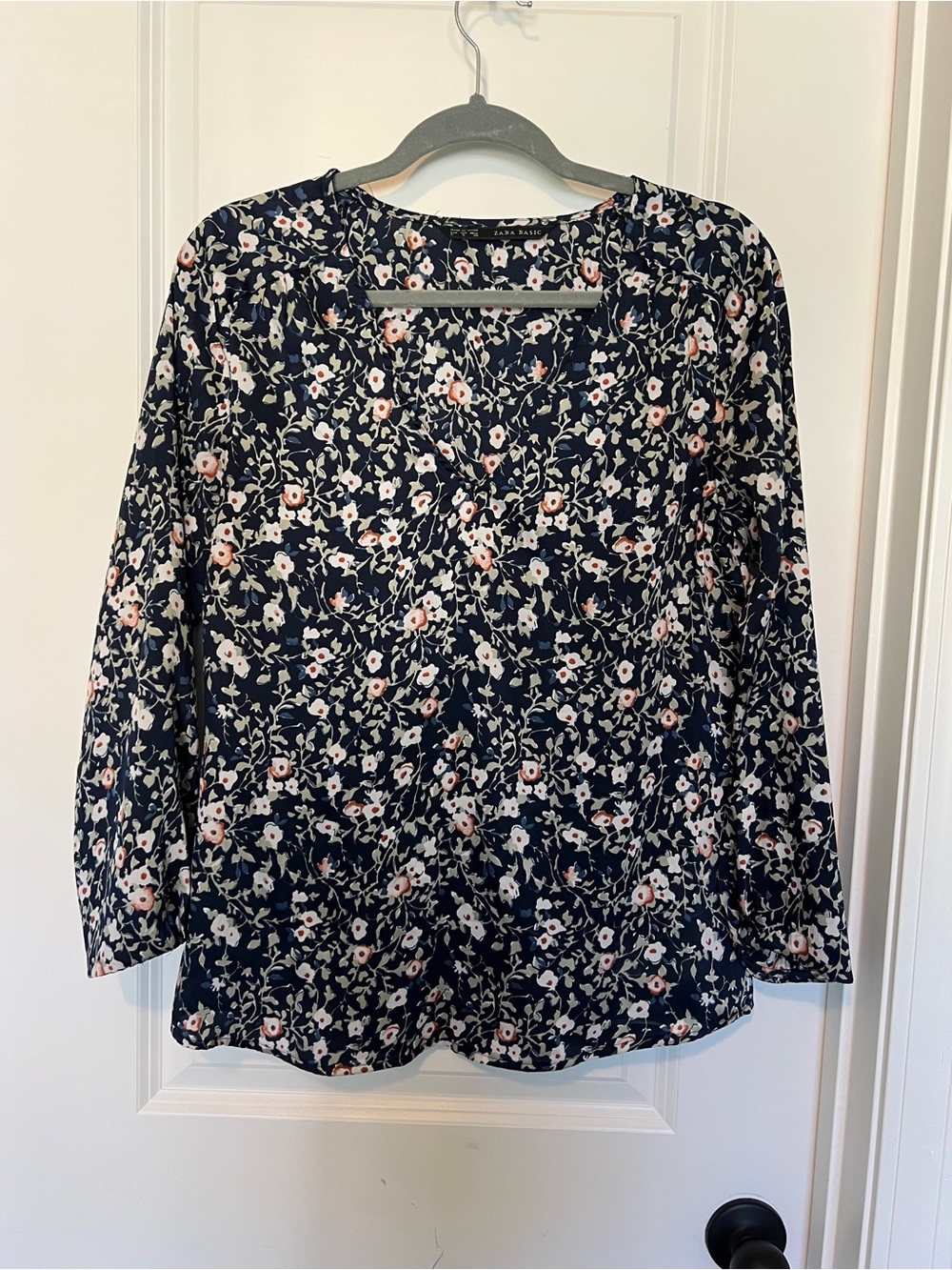 Floral V-Neck Women’s Blouse - Navy with Pink Flowers